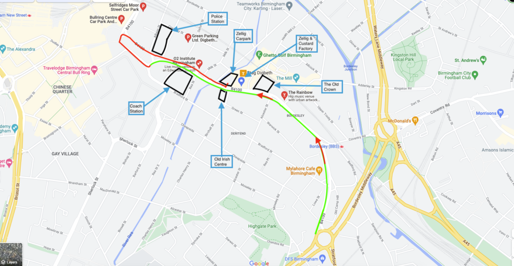 Map to Birmingham Pilates via Roadworks